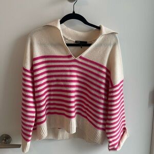 Maje Pink and Cream V-Neck Sweater